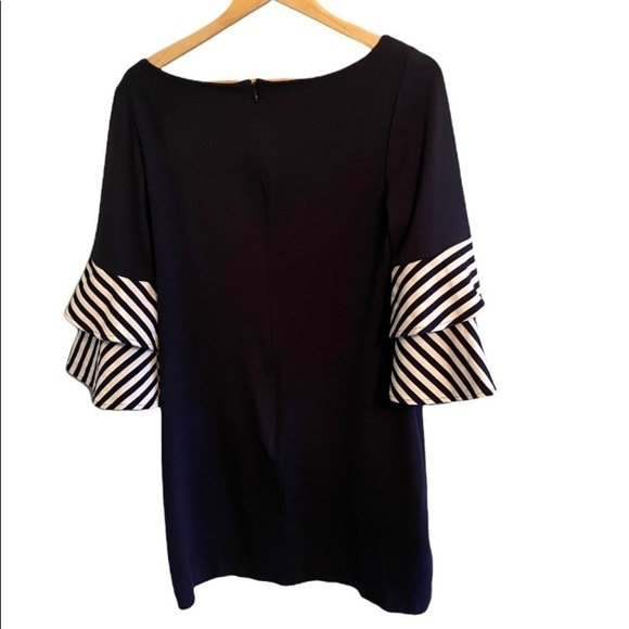 Eliza J Navy Dress with 3/4 Navy/White Stripe Bell Sleeves, Great condition - Picture 6 of 8
